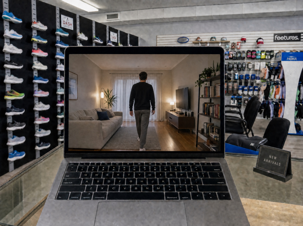 Laptop on the Dash Sports store counter showing a customer walking at home during a virtual shoe fitting